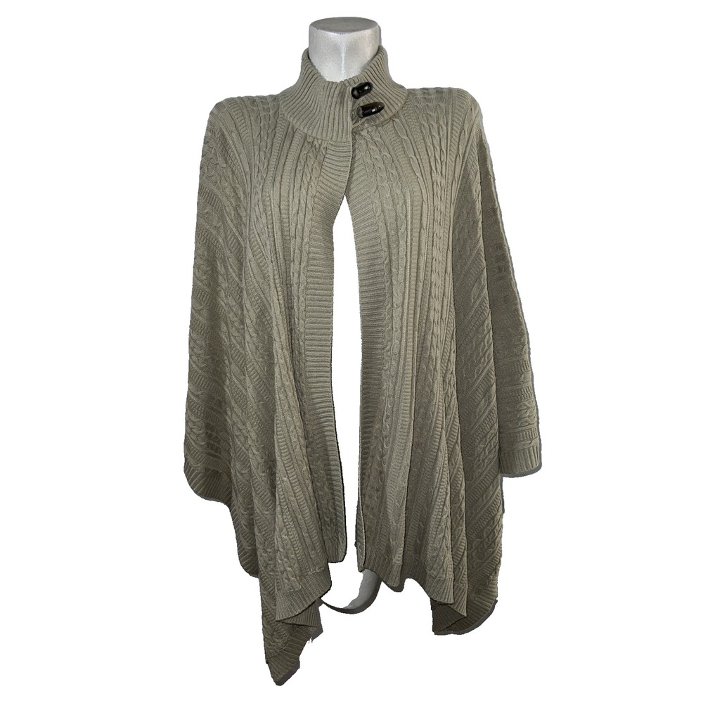 Soft Surroundings Taupe Cable Knit Toggle Mock Neck Poncho Wrap Sweater SM 23403